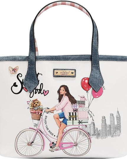 Nicole Lee Nikky Bag Sweet Girl 2 Piece Tote Bag, Two interior open wall accessory pockets at front. Nylon and Eco-Leather, Zipper Closure, Adjustable Strap(SWEET GIRL