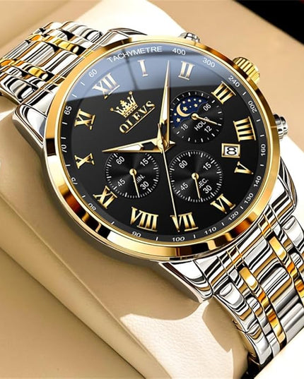 OLEVS Mens Watch Luxury Big Face Stainless Steel Analog Quartz Multifunctional Waterproof Luminous Date Two Tone Fashion Dress Wrist Watches for Man
