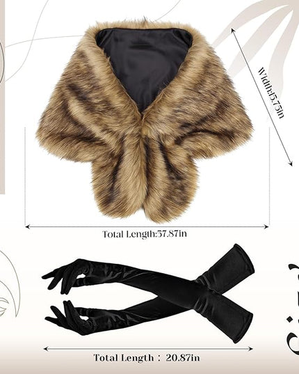 Zhanmai 2 Pcs Winter Long Shawl Cloak Stretchy Glove Opera Bridal Dance Gloves for Women Dress Party Coat