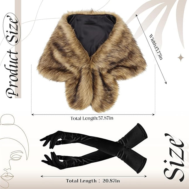 Zhanmai 2 Pcs Winter Long Shawl Cloak Stretchy Glove Opera Bridal Dance Gloves for Women Dress Party Coat