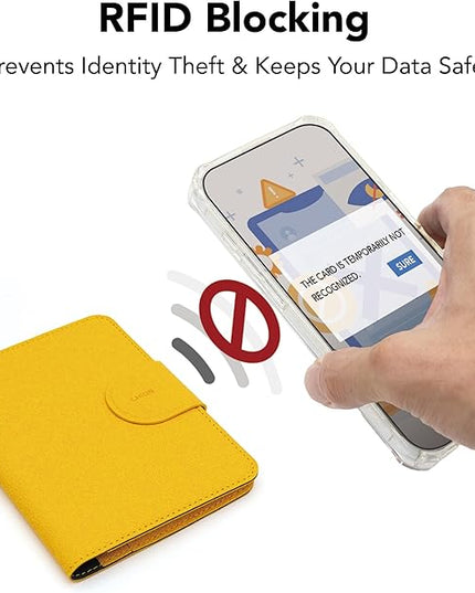 LHiDS Leatherette Passport Holder with RFID Protection, Premium PU Leather, Snap Button Closure, Travel Passport Wallet Cover for Passport, Boarding Passes, Business Cards, Cash (Yellow)