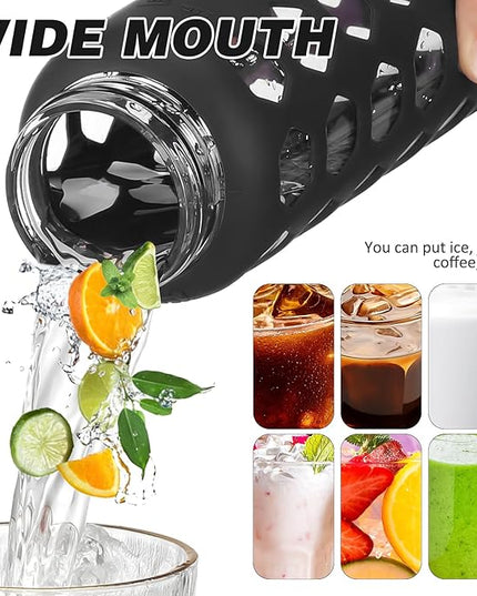 MUKOKO Glass Water Bottles, 24oz Glass Tumbler with Straw, Drinking Bottles with 2 Lids-Handle Spout Lid&Bamboo Straw Lid, Motivational Water Bottle with Time Marker and Silicone Sleeve, 1 Pack-Black
