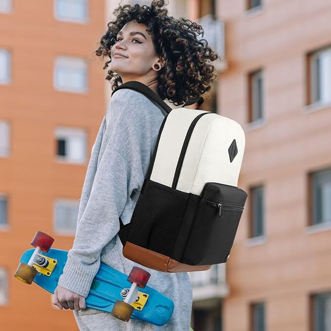 YAMTION 17 Inch School Backpack Women,Classic Back Pack College Bookbag Teen Boys and Girls Black Beige