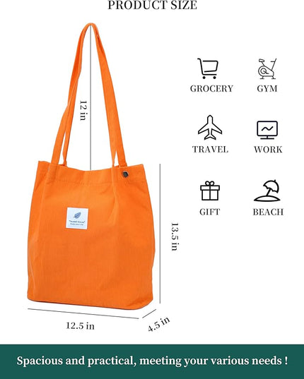 Corduroy Tote Bag Cute Tote Bags for Women Shoulder Bag with Inner Pocket for Work Beach Travel and Shopping Grocery