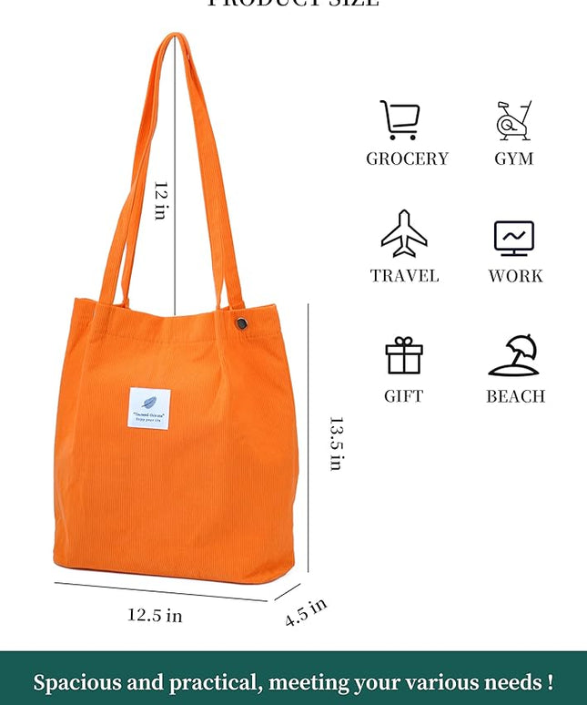 Corduroy Tote Bag Cute Tote Bags for Women Shoulder Bag with Inner Pocket for Work Beach Travel and Shopping Grocery