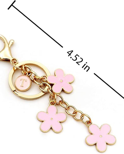 Cute Initial Letter Keyring for Women Girls Nice Flower Keychains for Handbag Backpack