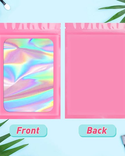 Funfery 300 Pack Smell Proof Resealable Bags for Food Storage,Holographic Bags 4x6 Pink Mylar Clear Packaging Bag- Scent Proof for Cookies, Zip Foil Pouch for Small Business
