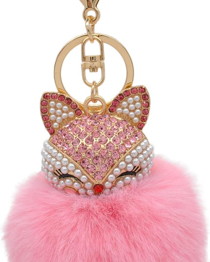 Faux Rabbit Fur Ball Pom Pom Keychain with Fox Head Studded with pearl Rhinestone for Womens Bag Car Key Decoration