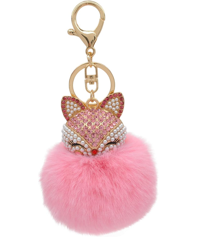 Faux Rabbit Fur Ball Pom Pom Keychain with Fox Head Studded with pearl Rhinestone for Womens Bag Car Key Decoration