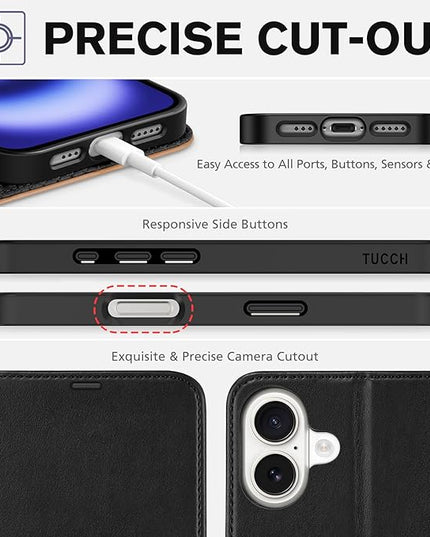 TUCCH Case Wallet for iPhone 16, Magnetic PU Leather Kickstand Flip Cover with 4 Card Slot Shockproof TPU Interior Shell, [RFID Blocking] Folio Case Compatible with iPhone 16 5G, Black & Brown