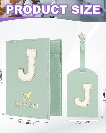 PATIKIL Passport Holder for Travel, Initial Passport Cover and Luggage Tag Set with Alphabet Chenille Letter Patch Travel Wallet Bag Suitcase Identifier for Women Family Travel Green J