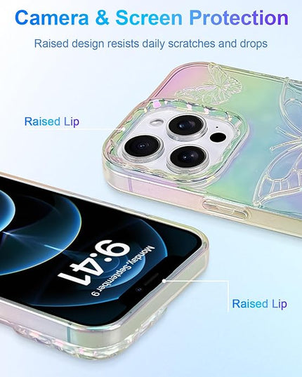 Cute Case for iPhone 12 & 12 Pro Case for Women Girls, with 3D Butterflies Pattern Design, Aesthetic Clear Iridescent Glitter Kawaii Girly Rainbow Protective Phone Cover