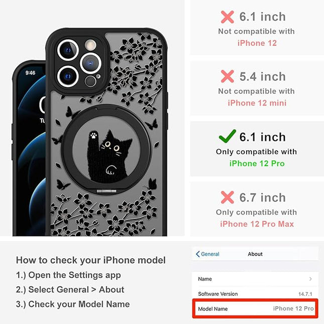 Cute Case for iPhone 12 Pro Case with Stand [ Compatible with MagSafe ] Kawaii Black Cat & Floral & Butterflies Pattern Design 360 Magnetic Ring Kickstand Phone Cover for Women Girls Boys