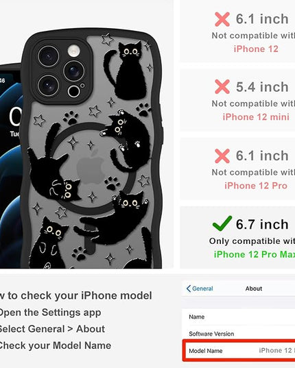 Cute Case for iPhone 12 Pro Max Case [Compatible with MagSafe] with Kawaii Black Cats Cat Print Pattern Design for Women Girls, Soft Wavy Edge Anti-Slip Animal Magnetic Protective Phone Cover