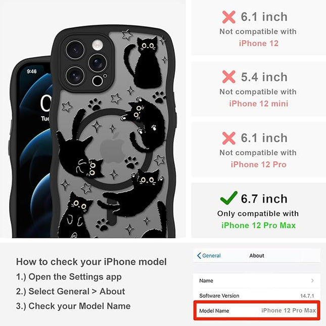 Cute Case for iPhone 12 Pro Max Case [Compatible with MagSafe] with Kawaii Black Cats Cat Print Pattern Design for Women Girls, Soft Wavy Edge Anti-Slip Animal Magnetic Protective Phone Cover
