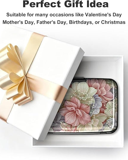 ELFISH Mini RFID Aluminum Wallet Credit Cards Holder Business Card Case Metal ID Case for Men Women（Happy Flower