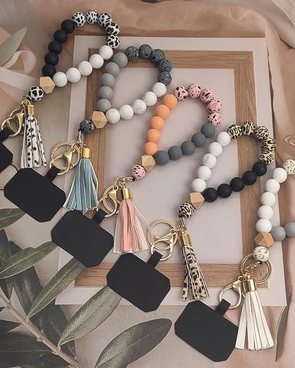 Phone Lanyard Silicone Beaded Phone Wrist Strap Cute Elastic Cell Phone Wristlet Chain Bracelet with 2 Tether Tab