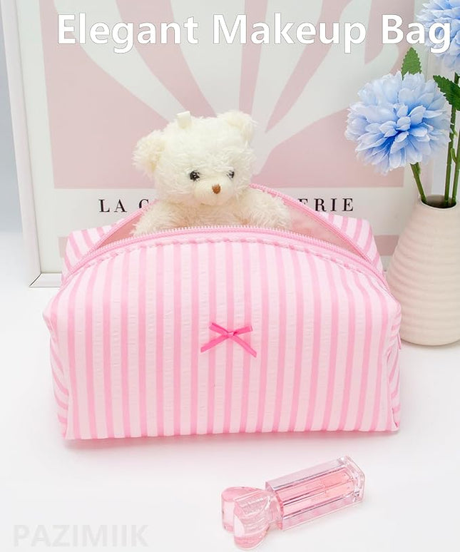 Cozy Makeup Bag Small Aesthetic Travel Zipper Cosmetic Pouch for Women Make Up Beauty Accessories Brushes, Stripe Cute Pink