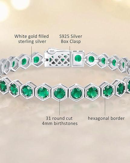 Birthstone Tennis Bracelets for Women Birthday Gifts 925 Sterling Silver Hexagon White Gold Bracelets Round Cut 5A Cubic Zirconia Prong Setting 7 Inch Anniversary Jewelry Gift