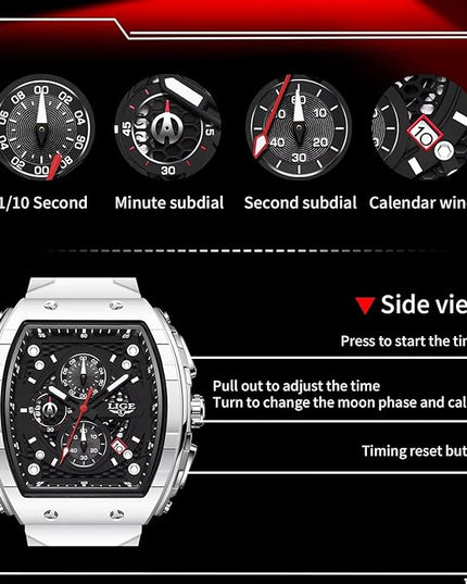 Mens Watches,Unique Rectangular Quartz Analog Watch,Outdoor Sports Multi-Function Watch,Chronograph/Waterproof/Luminous/Calendar,Durable Silicone Strap Mens Casual Watches