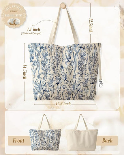 Large Tote Bag for Women - Aesthetic Cute Big Canvas Bags with Zipper Cotton Shoulder Bag for Gym, Travel, Work