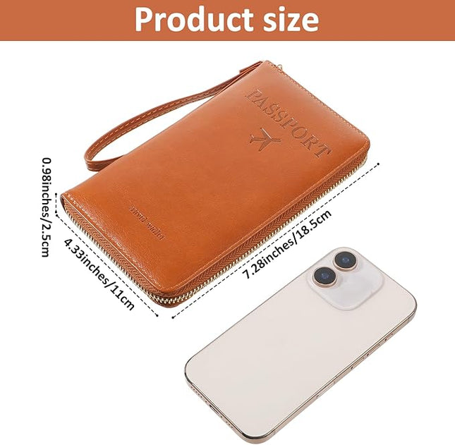 Multi-Function RFID Passport Wallet with Phone Pocket Travel Essentials Wallets Ultimate Passport Holder with Card Slots Wallet Cover Case for Women Men Holds Phones Passports Cash Boarding Passes