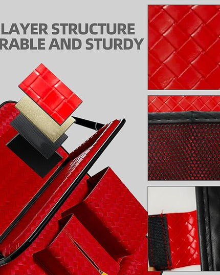 Car Back Seat Organizer, Black Woven Leather Storage Bag, Multifunctional Rear Seat Protector with Tablet Holder, 25.2x17.7 Inches, Abrasion Resistant (red)