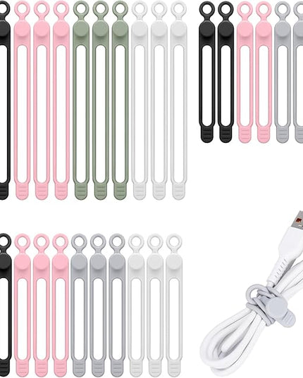 32Pcs Silicone Cable Ties, Data Cable Organizer Silicone Cable Straps Cord Ties Wrap Reusable Wire Organizers Elastic Cables Cord Management Organizers for Electronics, Home, Office, School, Travel