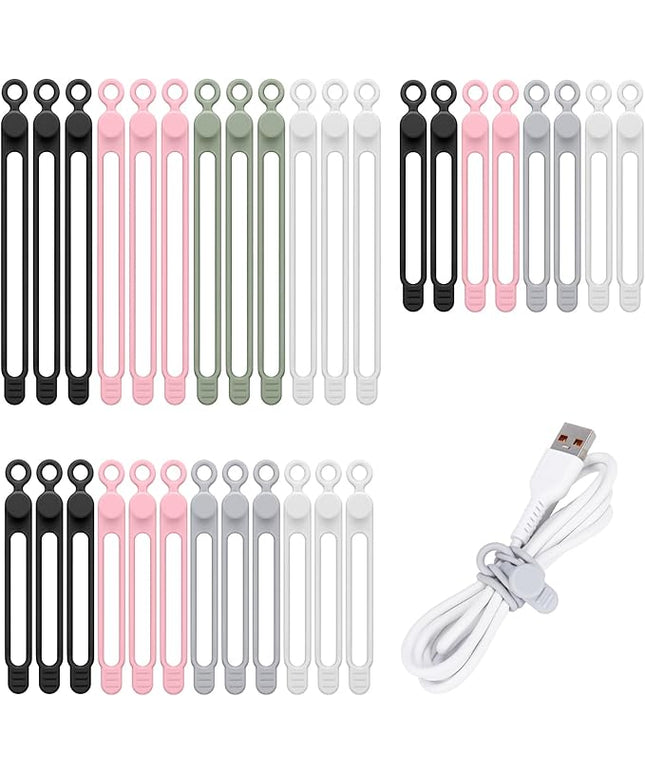 32Pcs Silicone Cable Ties, Data Cable Organizer Silicone Cable Straps Cord Ties Wrap Reusable Wire Organizers Elastic Cables Cord Management Organizers for Electronics, Home, Office, School, Travel