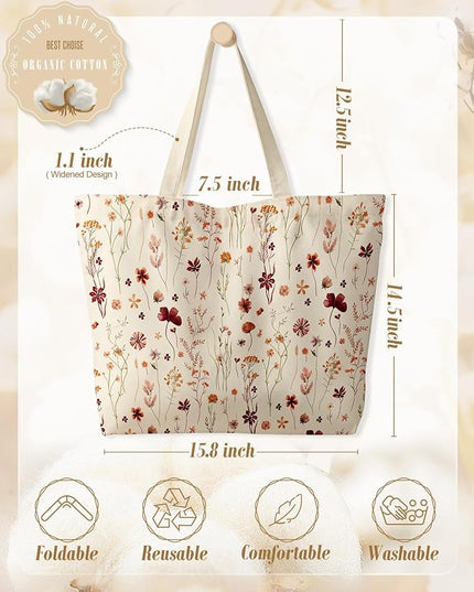 Large Tote Bag for Women - Canvas Tote Bag with Zipper Aesthetic Reusable Shoulder Bag for Gym, Travel, Work