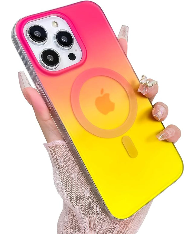 Aesthetic Case for iPhone 13 Pro Max Case for Women Girls, Compatible with Magsafe, Cute Girly Trendy Glitter Sparkly Rainbow Magnetic Protective Phone Cover, Matte Iridescent Red & Yellow