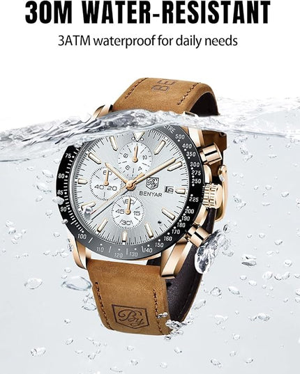 BY BENYAR Watch for Men Analog Quartz Chronograph Waterproof Luminous Designer Mens Wrist Watches Business Work Sport Casual Dress Watch with Silicone Strap Elegant Gifts for Men