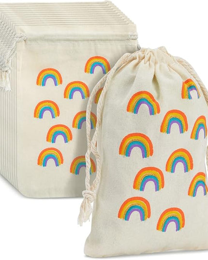 Juvale Rainbow Canvas Bags - 4 x 6 In, Pack of 12 - Mini Canvas Drawstring Bags for Kids & Party Favors - Rainbow Design
