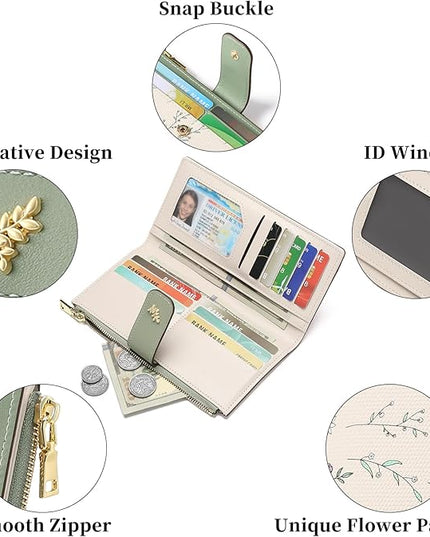 GAEKEAO Womens Wallet Slim Thin RFID Blocking Floral Vegan Leather Card Holder Bifold Long Ladies Wallet with Zipper Pocket