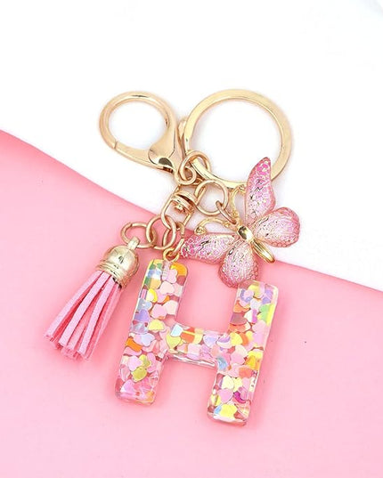 Fashion Alphabet Initial Letter Keychain Tassel Butterfly Pendant Key Ring for Purse Handbags Women Girl