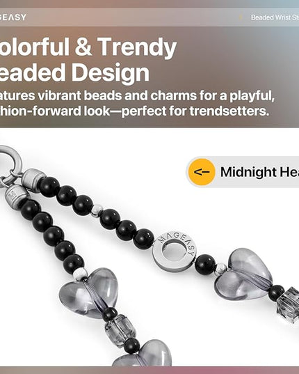 MAGEASY Beaded Phone Charm for Women - Cell Phone Wrist Strap with Teather Tab, Designed for iPhone & Android Phones, Keychain, Camera - Midnight Heart