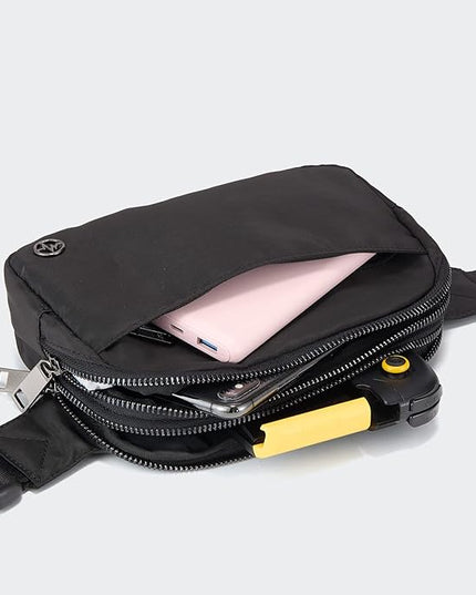 Pander Everywhere Belt Bag for Women, 5 Zipper Pockets Nylon Crossbody Fanny Pack Purse (Black)