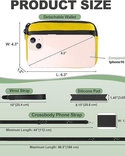 Clip and Go Strap for Phone with Wallet Crossbody, Adjustable Phone Lanyard with Detachable RFID Wristlet Wallet & Ultra-Thin 360° Rotatable Metal Tabs for All Smartphones (Yellow)