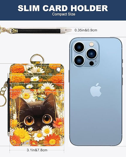 Slim Wallet Credit Card Holder, Cat and Yellow Flower, RFID Wallet Women Cute Small Front Pocket Wallet With Zipper, PU Leather Thin travel RFID Blocking Card Case ID Window,Ladies Gifts