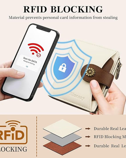 Blucoay Womens Wallet,RFID Blocking Wallet Women Soft Leather Bifold Small Wallets For Women Card Holder With Removable ID Window(whitebrown)
