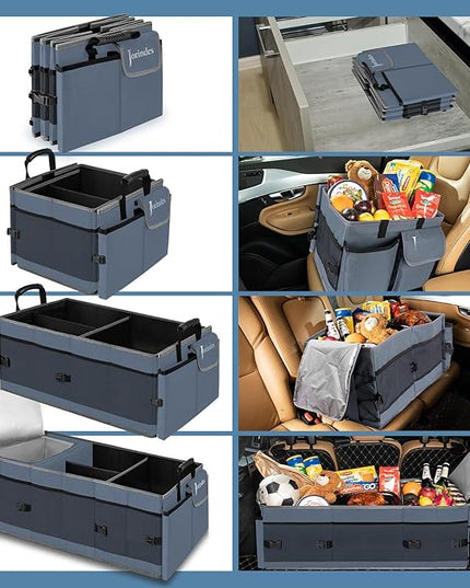 Trunk Organizer with Built-in Insulated Leak Proof Cooler Bag,Collapsible Cargo Organizer for SUV with Non Slip Bottom Strips,3 Large Compartments Foldable Waterproof Portable Car Storage Box XL