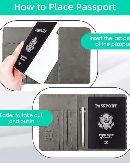 WALNEW Passport Holder for Travel, RFID Passport Cover Wallet for Women Men, PU Leather Passport Book Card Holder Case with Pen, Travelling Essentials for Flying