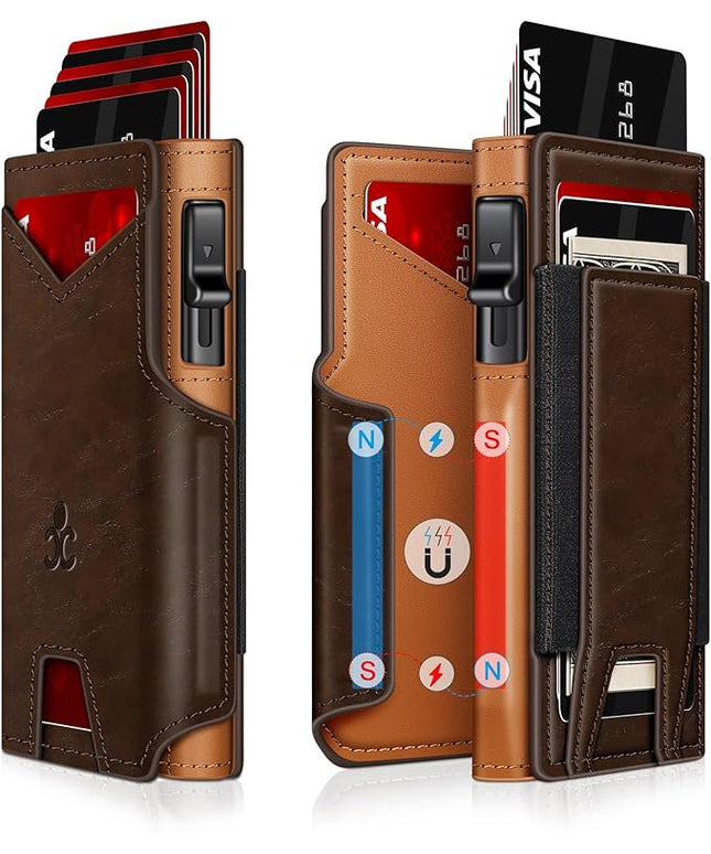 Wallet for Men Wallet with Slim Pop Up Card Holder 9-13 Cards, Bifold Minimalist Smart Wallet RFID Blocking Credit Card Holder with ID Window & Stretchable Cash Slot Compact Metal Aluminum Card Case