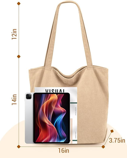 Iioscre Corduroy Tote Bag for Women,Hobo HandBags with Zipper,Large Capacity Casual Shoulder Handbags with Inner Pockets