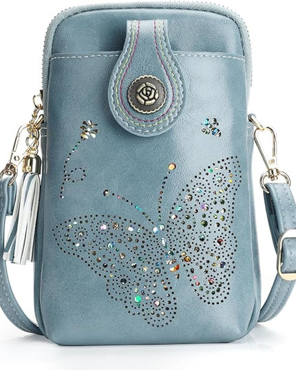 Small Crossbody Bags for Women, Lightweight Mini Cute Cell Phone Purse for Women with Tassel Shining Butterfly