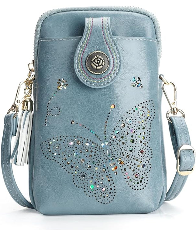 Small Crossbody Bags for Women, Lightweight Mini Cute Cell Phone Purse for Women with Tassel Shining Butterfly