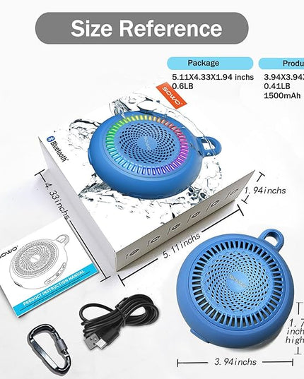 SOWO Shower Bluetooth Speaker Waterproof - Small Portable Wireless Clip Speaker with Louder Volume and Powerful Bass - Colorful Lights and 10H Playtime - Lightweight for Camping,Kayak,Boat - Blue