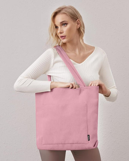 Prite Corduroy Tote Bag for Women Large Shoulder Bag with Zipper and Pockets for College Work Travel Shopping
