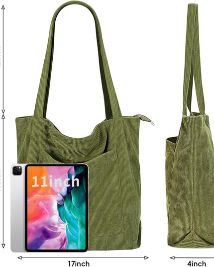 Iioscre Corduroy Tote Bag for Women,Hobo HandBags with Zipper,Large Capacity Casual Shoulder Handbags with Inner Pockets