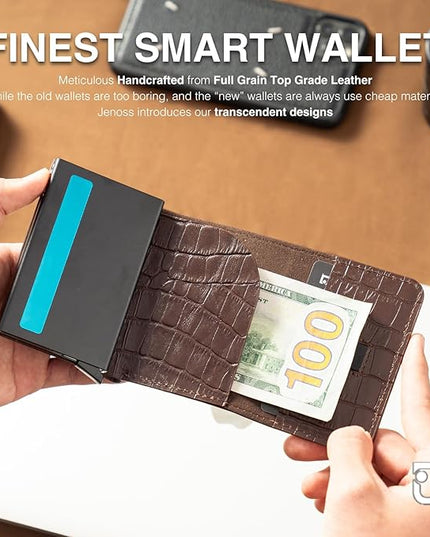 Jenoss Smart Wallet For Men: Full Grain Leather, Handcrafted, Slide Metal Pop Up Case, Slim RFID Blocking Credit Card Holder, Minimalist, Compact, 6-8 Cards Organizers, Front Pocket, Clip (Burgandy)